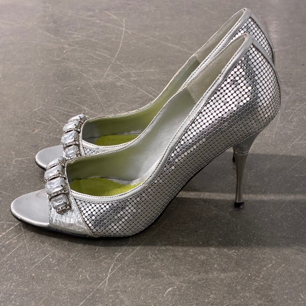 Bejeweled Disco Ball Silver Metallic Peep Toe Heels